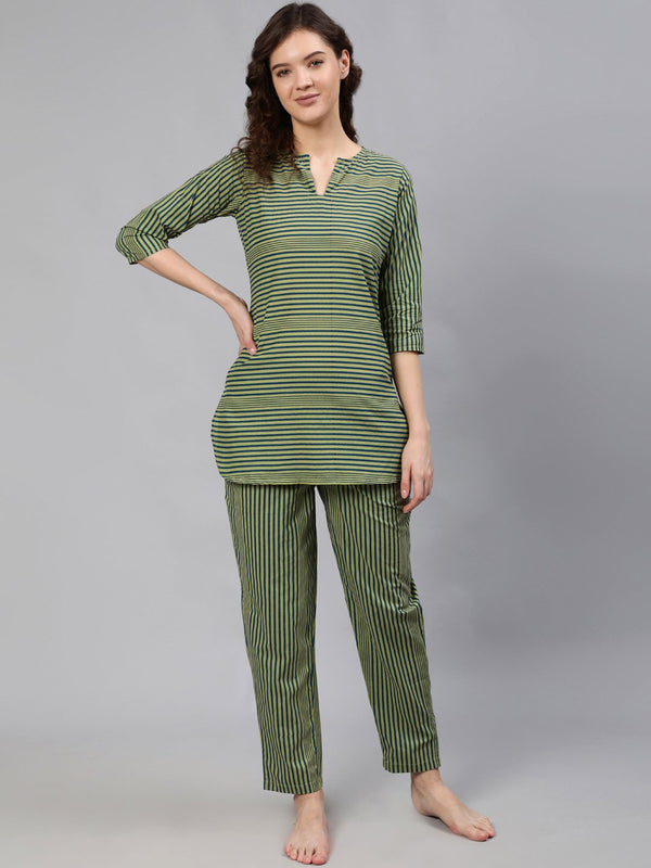 Women Green Striped Night Suit | NOZ2TOZ - Made In INDIA.