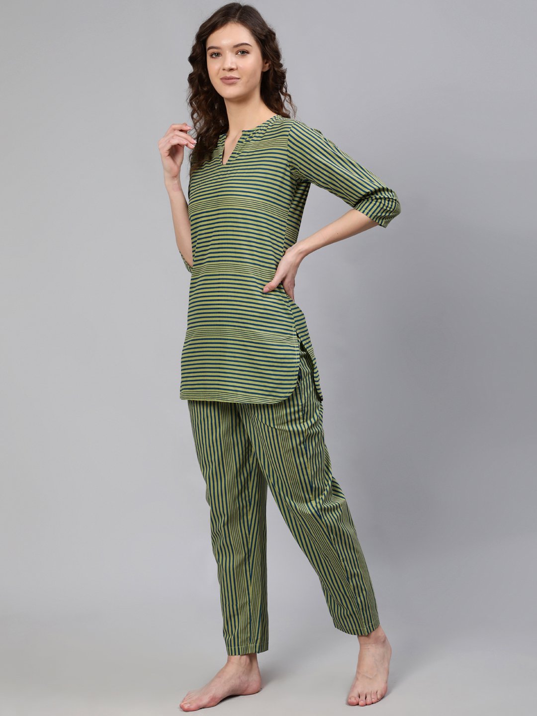 Women Green Striped Night Suit | NOZ2TOZ - Made In INDIA.