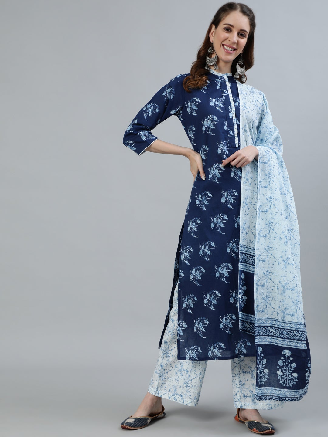 Women Indigo Blue Printed Straight kurta with Plazo & Dupatta | NOZ2TOZ - Made In INDIA.