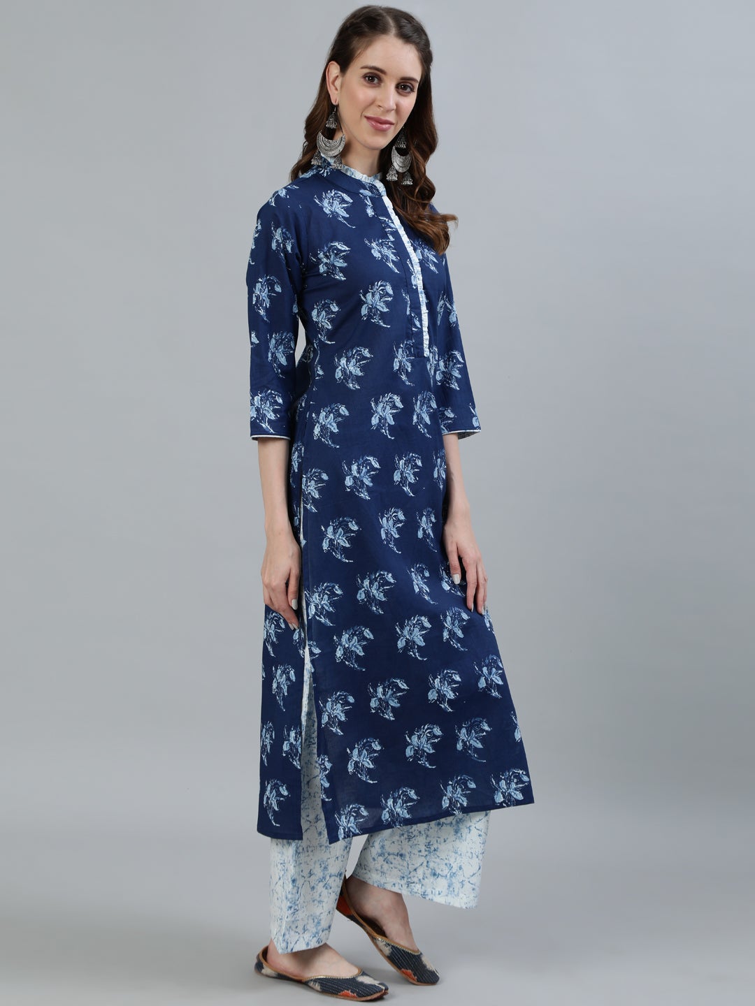 Women Indigo Blue Printed Straight kurta with Plazo & Dupatta | NOZ2TOZ - Made In INDIA.