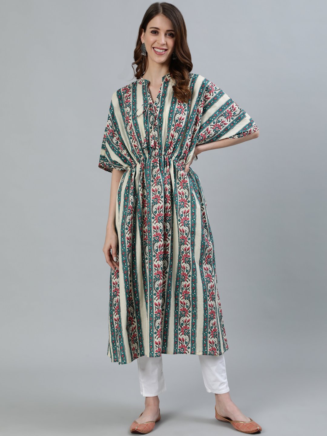 Women Teal & Off White Ethnic Motifs Striped Flared Sleeves Kurta | NOZ2TOZ - Made In INDIA.