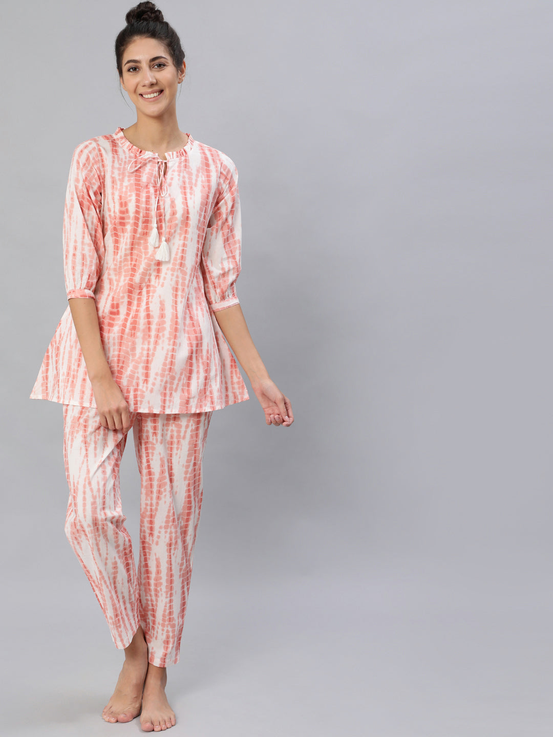 Women Peach Tie-dye Printed Night Suit Set | NOZ2TOZ - Made In INDIA.