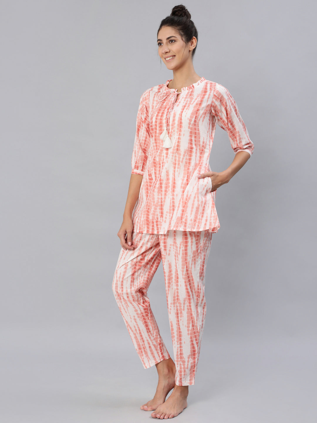 Women Peach Tie-dye Printed Night Suit Set | NOZ2TOZ - Made In INDIA.