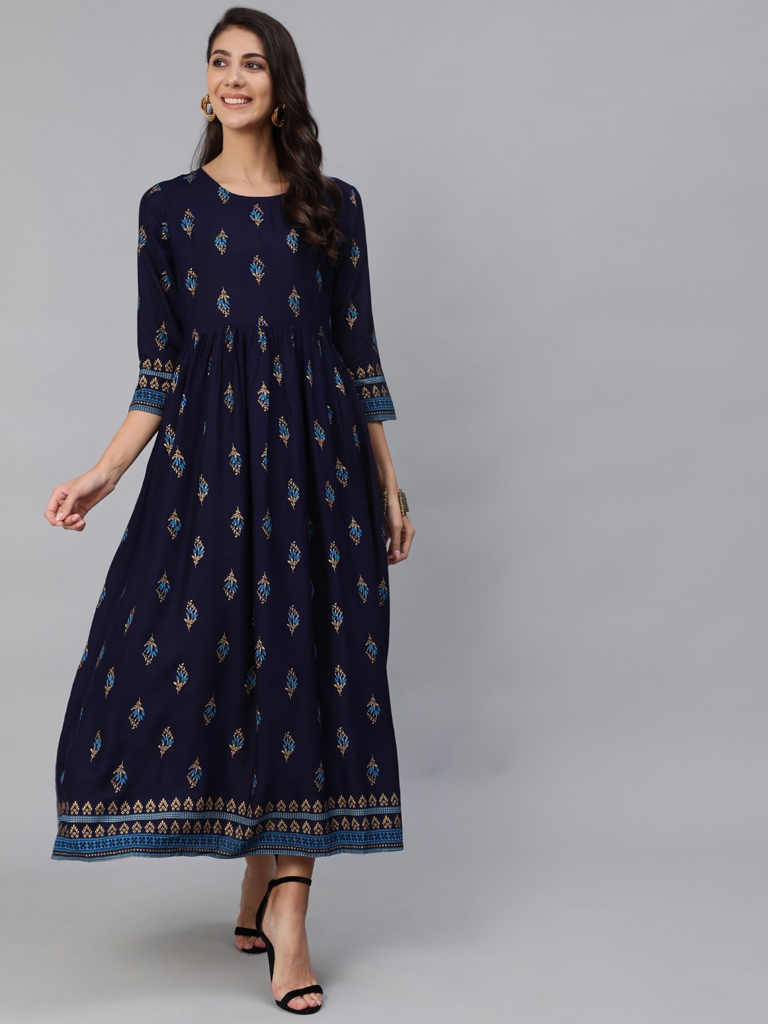 Women Navy Blue & Gold Printed Maxi Dress With Three Quarter Sleeves | NOZ2TOZ - Made In INDIA.