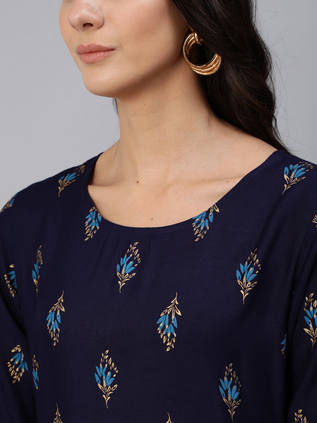 Women Navy Blue & Gold Printed Maxi Dress With Three Quarter Sleeves | NOZ2TOZ - Made In INDIA.