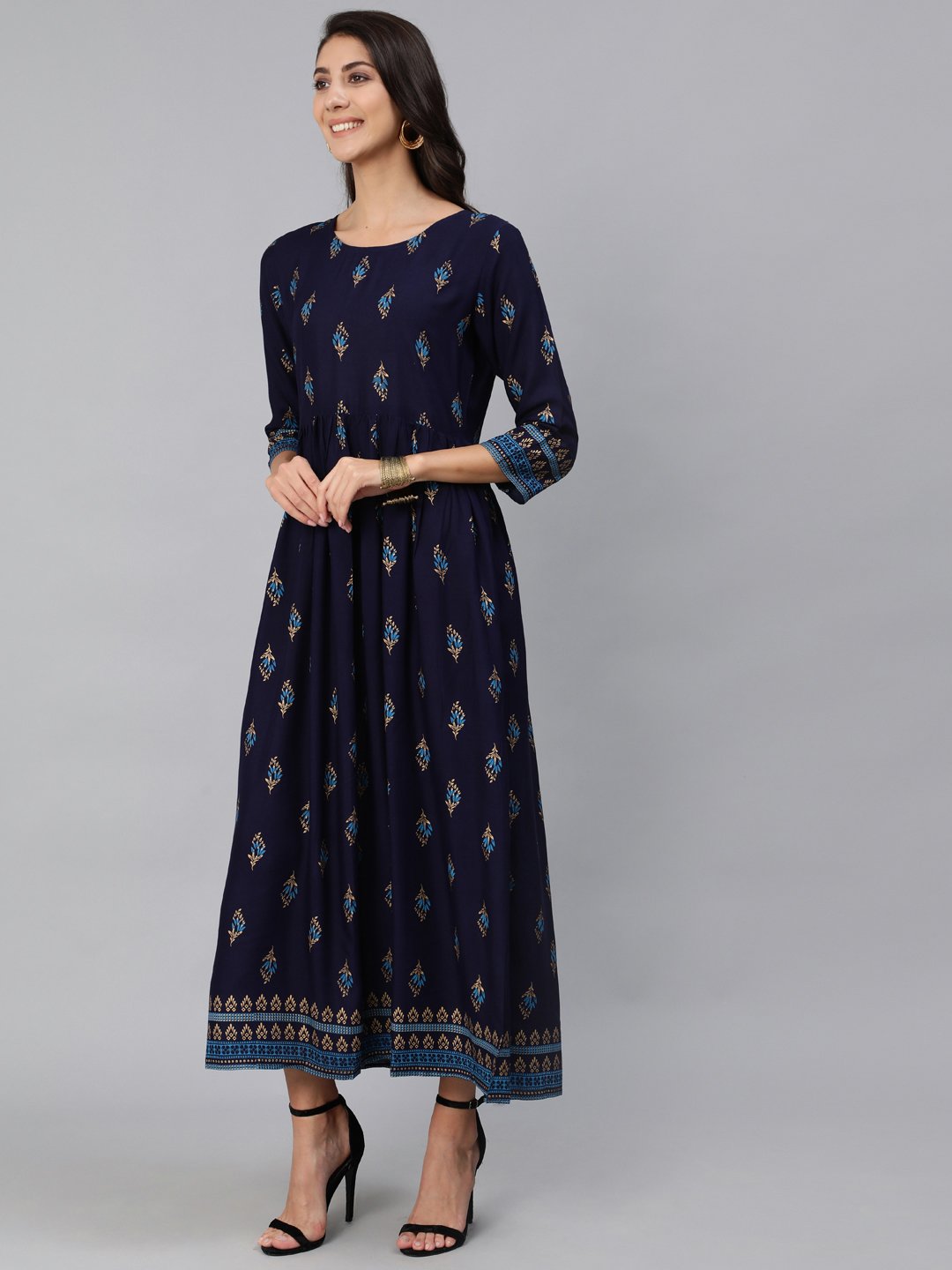 Women Navy Blue & Gold Printed Maxi Dress With Three Quarter Sleeves | NOZ2TOZ - Made In INDIA.