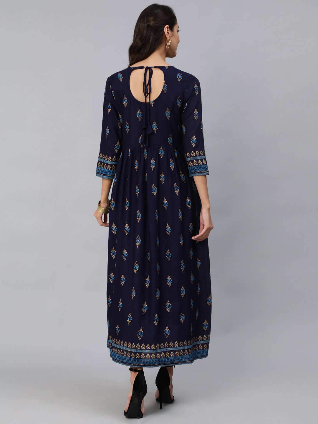 Women Navy Blue & Gold Printed Maxi Dress With Three Quarter Sleeves | NOZ2TOZ - Made In INDIA.