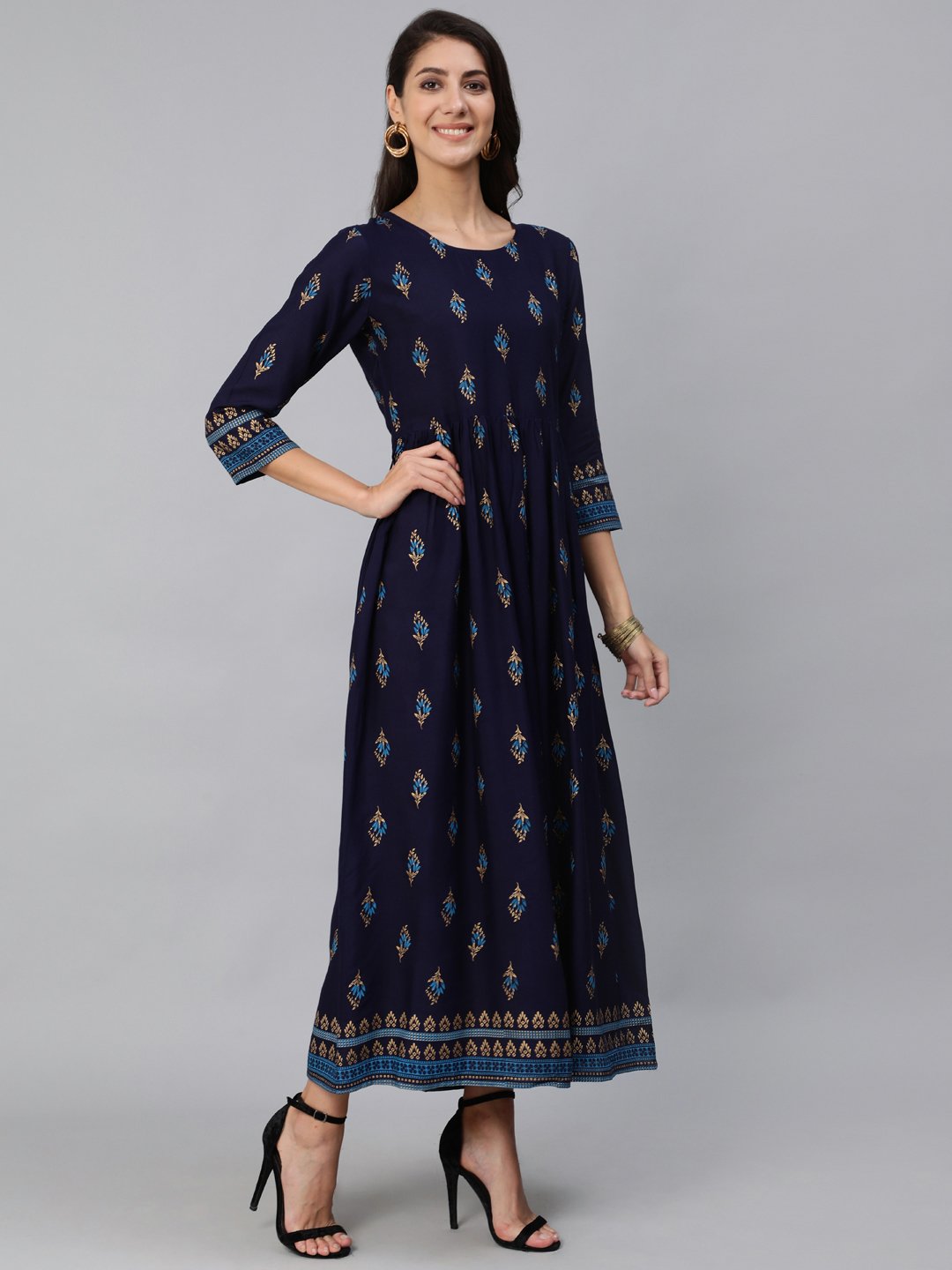 Women Navy Blue & Gold Printed Maxi Dress With Three Quarter Sleeves | NOZ2TOZ - Made In INDIA.