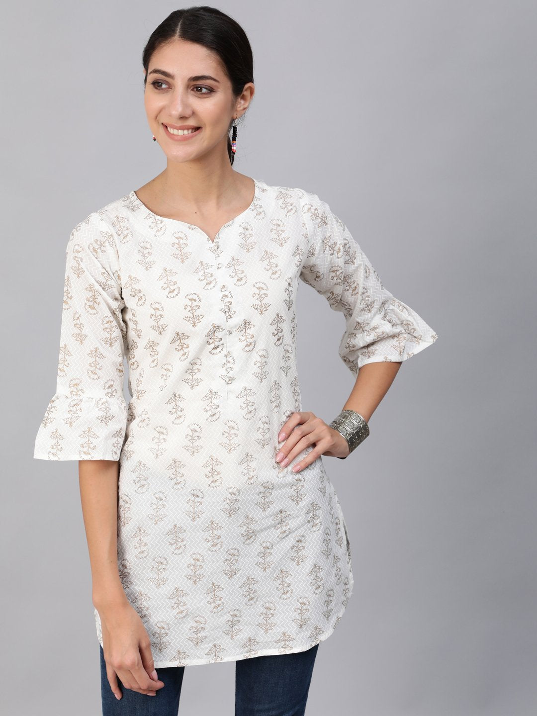 Women Off-White & Gold Printed Tunic With Three Quarter Sleeves | NOZ2TOZ - Made In INDIA.