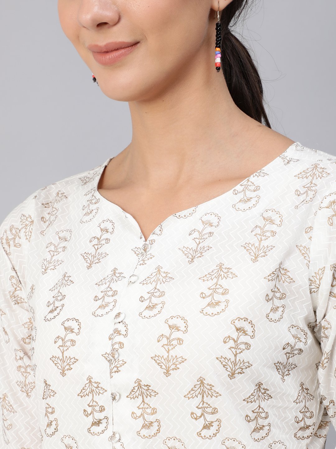 Women Off-White & Gold Printed Tunic With Three Quarter Sleeves | NOZ2TOZ - Made In INDIA.