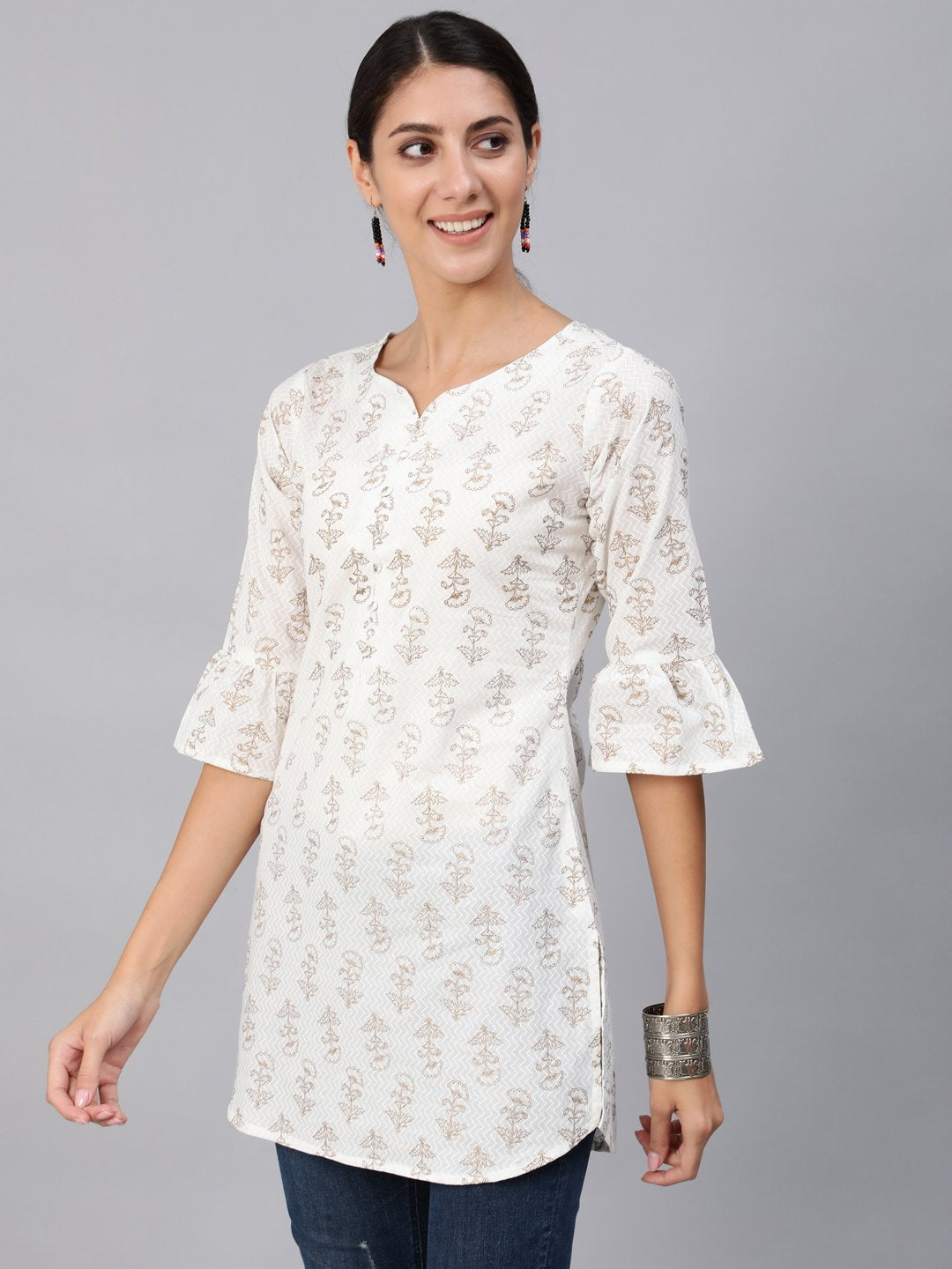 Women Off-White & Gold Printed Tunic With Three Quarter Sleeves | NOZ2TOZ - Made In INDIA.