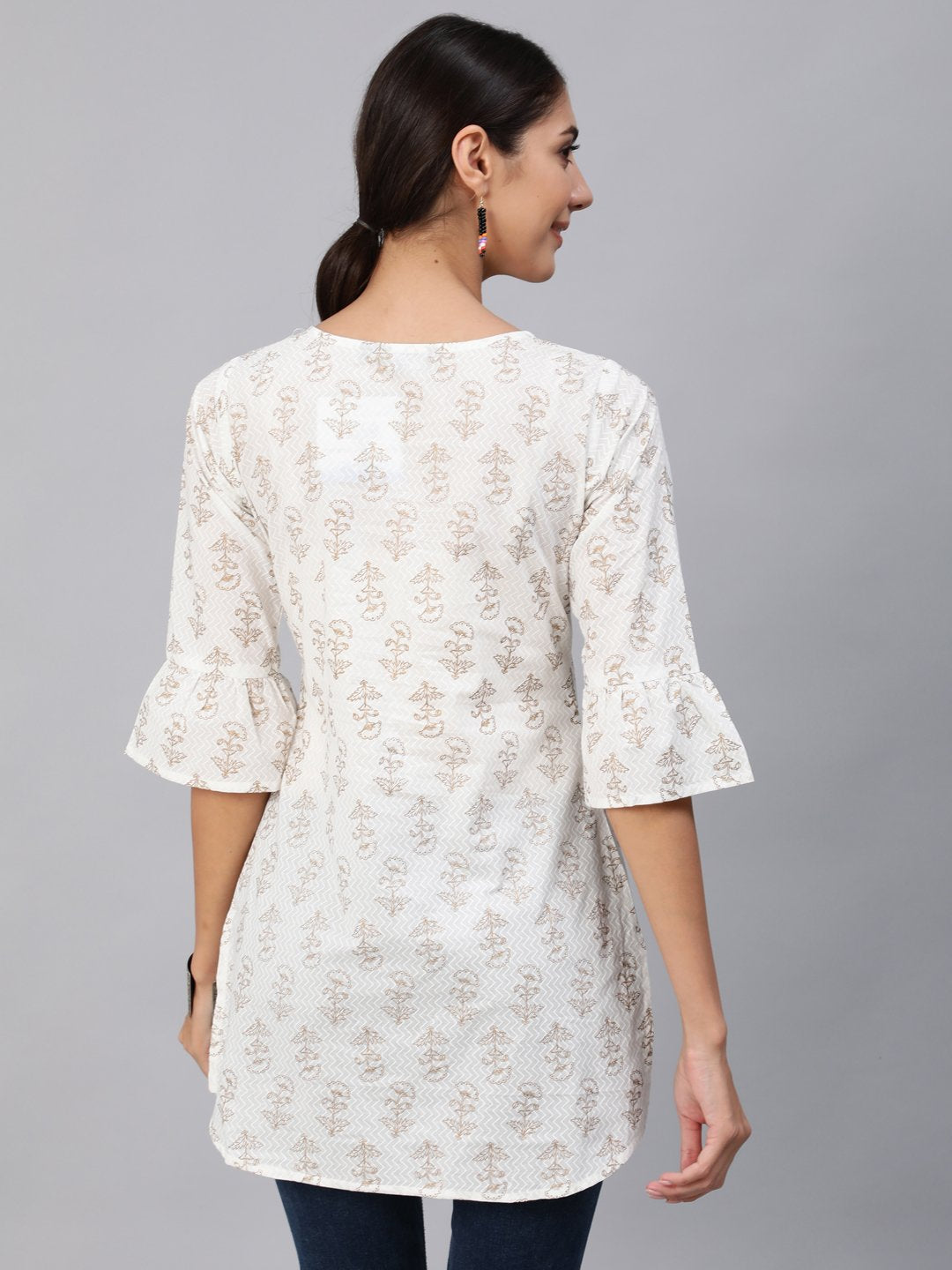 Women Off-White & Gold Printed Tunic With Three Quarter Sleeves | NOZ2TOZ - Made In INDIA.