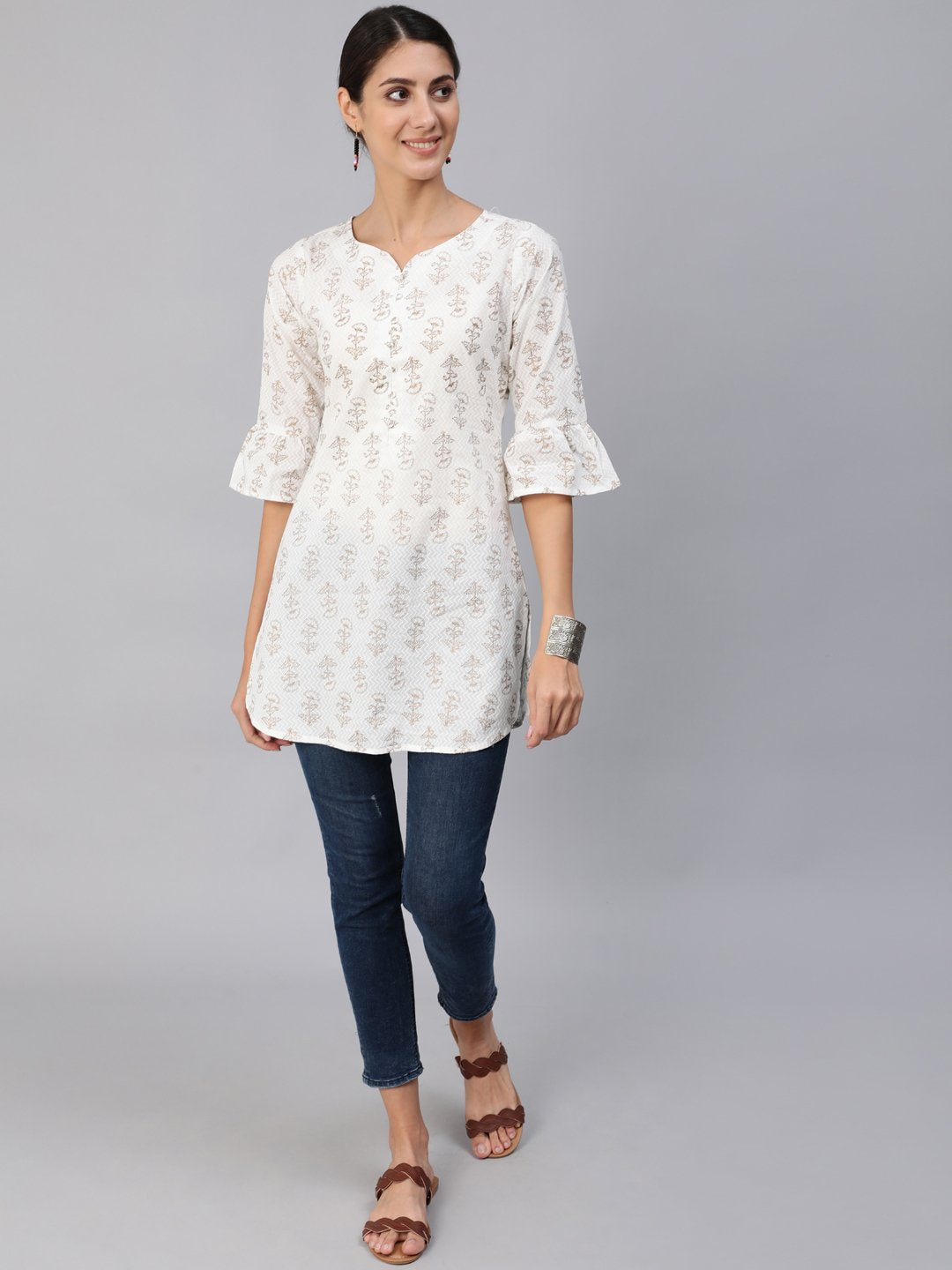 Women Off-White & Gold Printed Tunic With Three Quarter Sleeves | NOZ2TOZ - Made In INDIA.