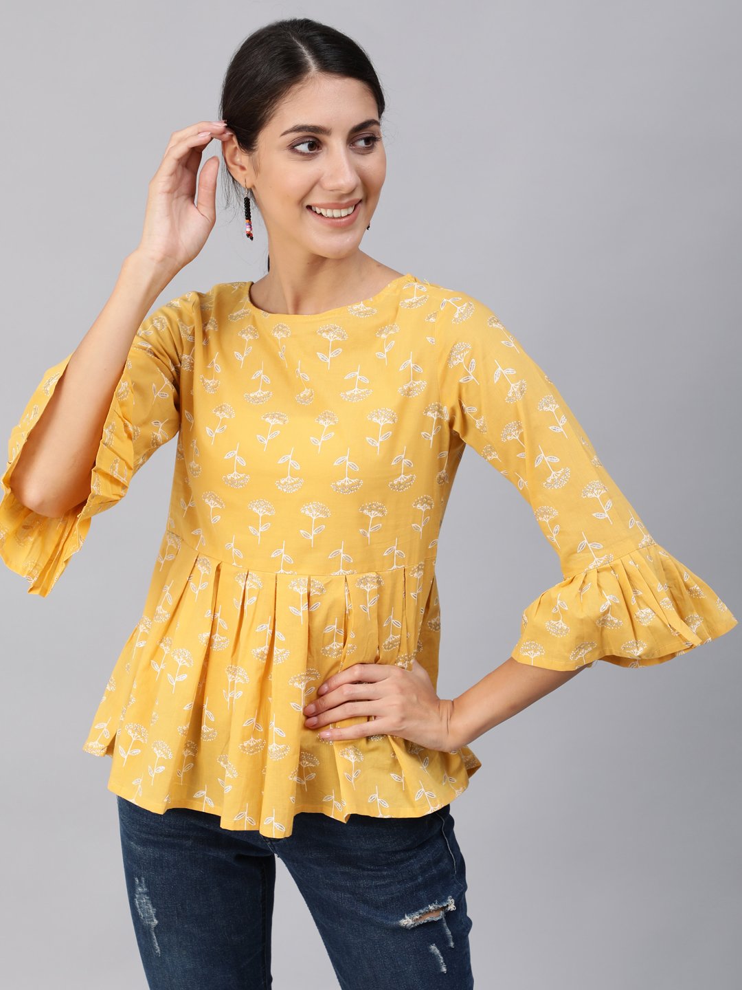 Women Yellow & Silver Printed Top With Three Quarter Flared Sleeves | NOZ2TOZ - Made In INDIA.