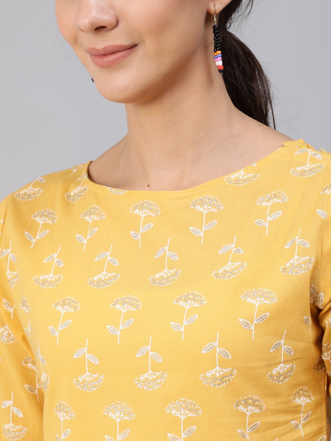 Women Yellow & Silver Printed Top With Three Quarter Flared Sleeves | NOZ2TOZ - Made In INDIA.