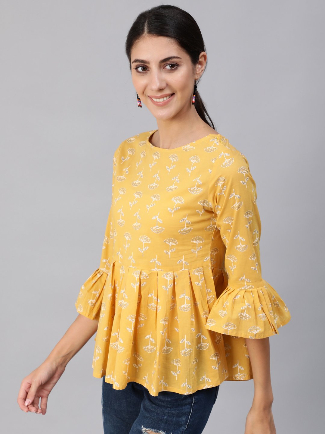 Women Yellow & Silver Printed Top With Three Quarter Flared Sleeves | NOZ2TOZ - Made In INDIA.