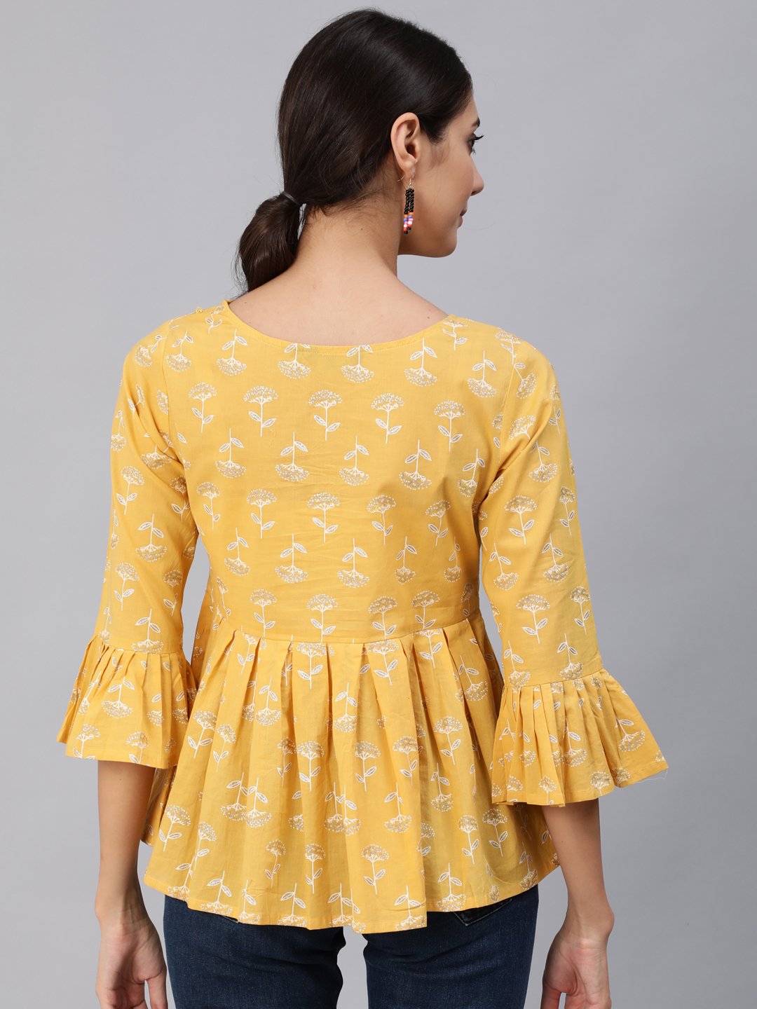 Women Yellow & Silver Printed Top With Three Quarter Flared Sleeves | NOZ2TOZ - Made In INDIA.