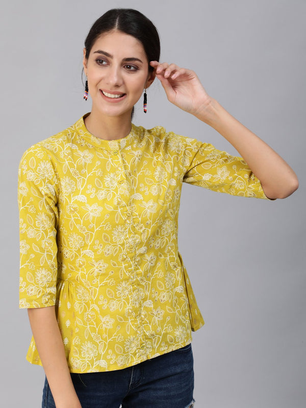 Women Green & Gold Printed Top With Three Quarter Flared Sleeves | NOZ2TOZ - Made In INDIA.