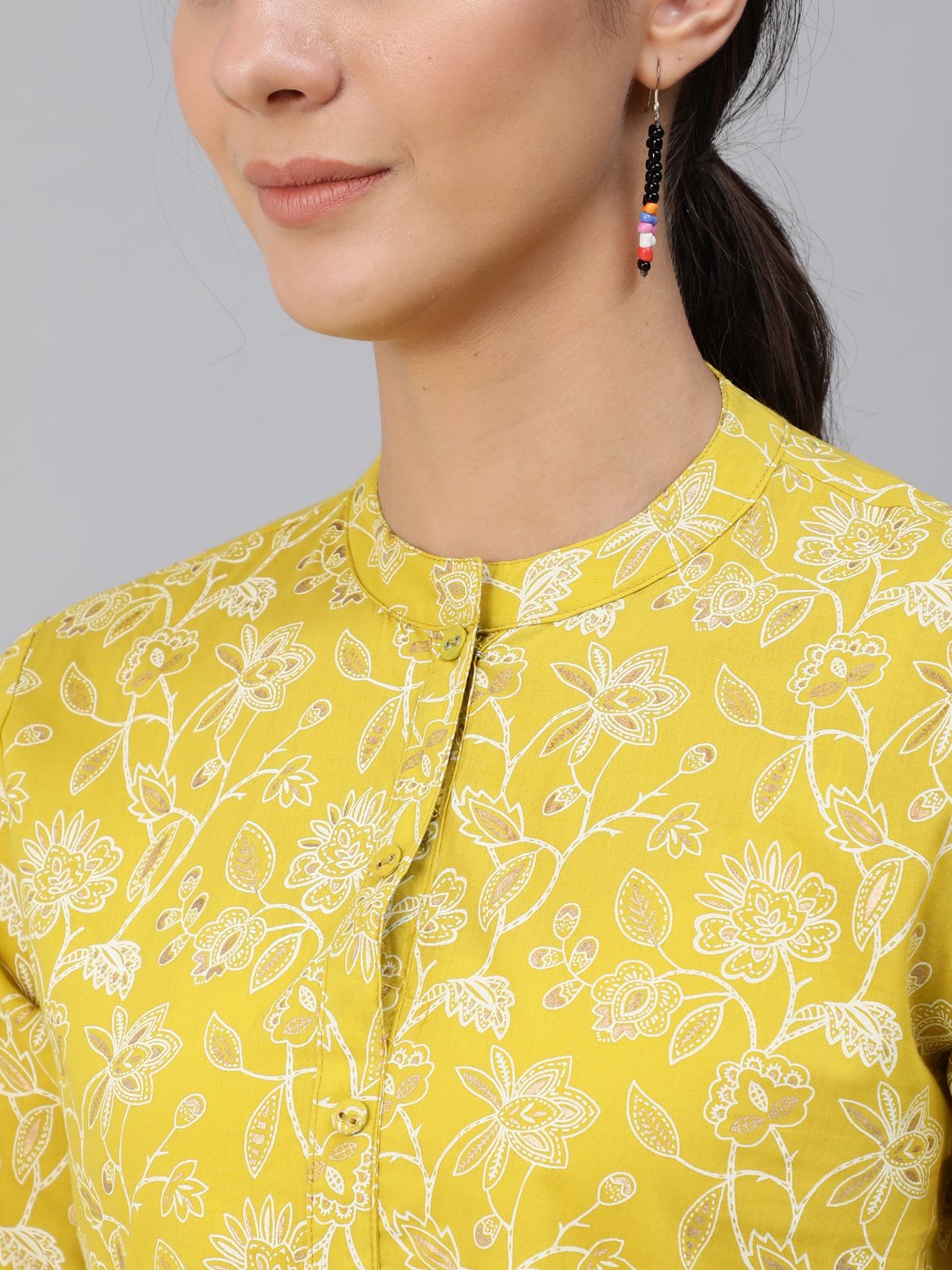 Women Green & Gold Printed Top With Three Quarter Flared Sleeves | NOZ2TOZ - Made In INDIA.