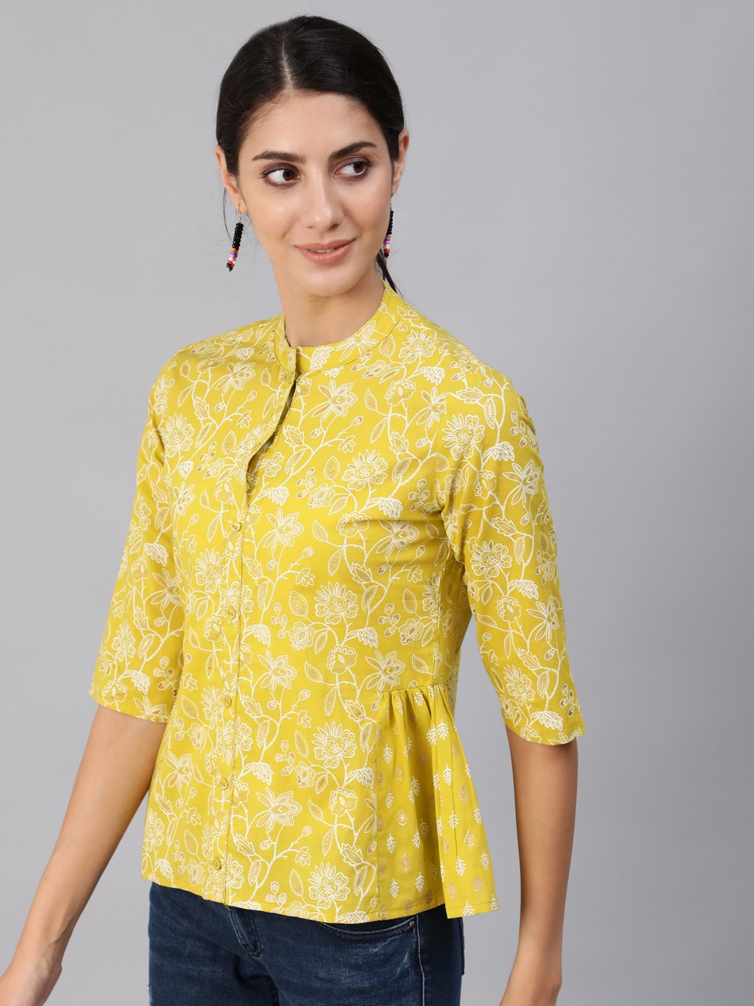 Women Green & Gold Printed Top With Three Quarter Flared Sleeves | NOZ2TOZ - Made In INDIA.