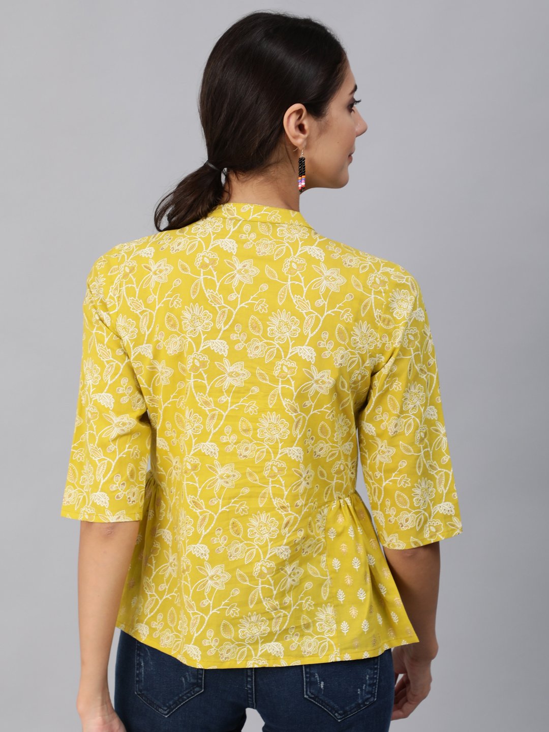 Women Green & Gold Printed Top With Three Quarter Flared Sleeves | NOZ2TOZ - Made In INDIA.