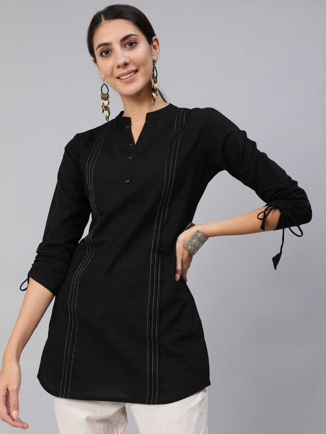 Women Black Pleated Tunic With Three Quarter Sleeves | NOZ2TOZ - Made In INDIA.