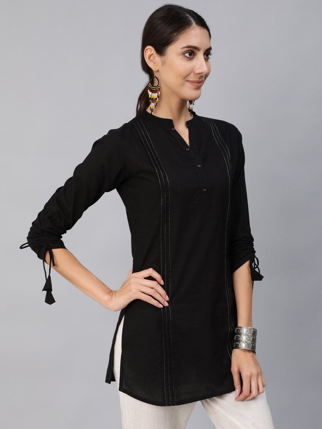 Women Black Pleated Tunic With Three Quarter Sleeves | NOZ2TOZ - Made In INDIA.