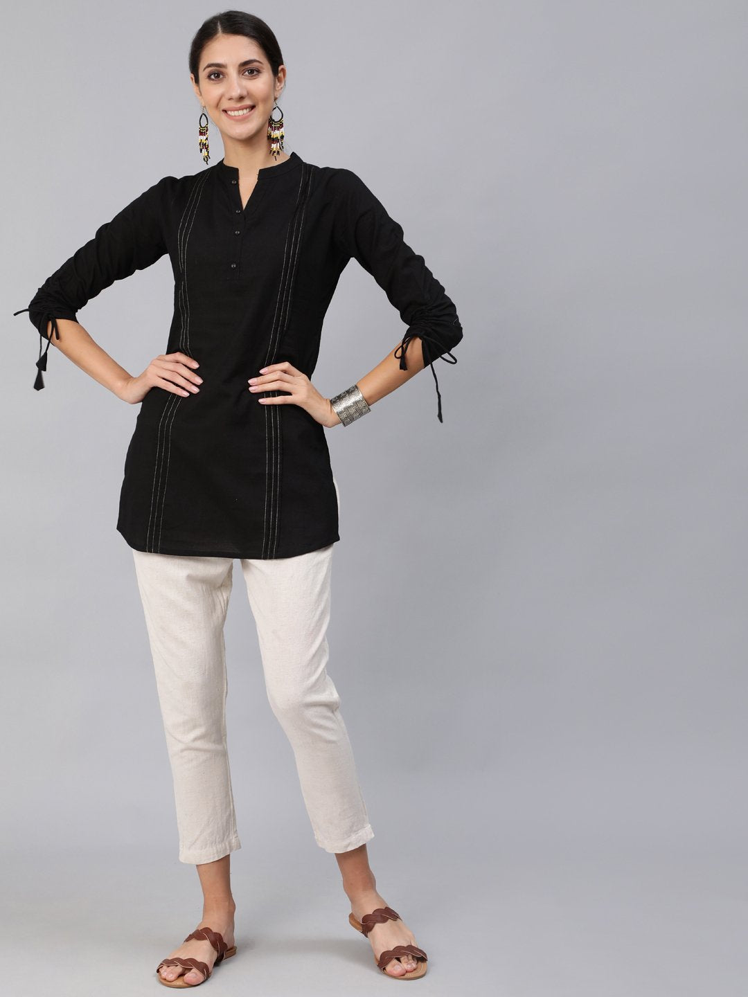 Women Black Pleated Tunic With Three Quarter Sleeves | NOZ2TOZ - Made In INDIA.