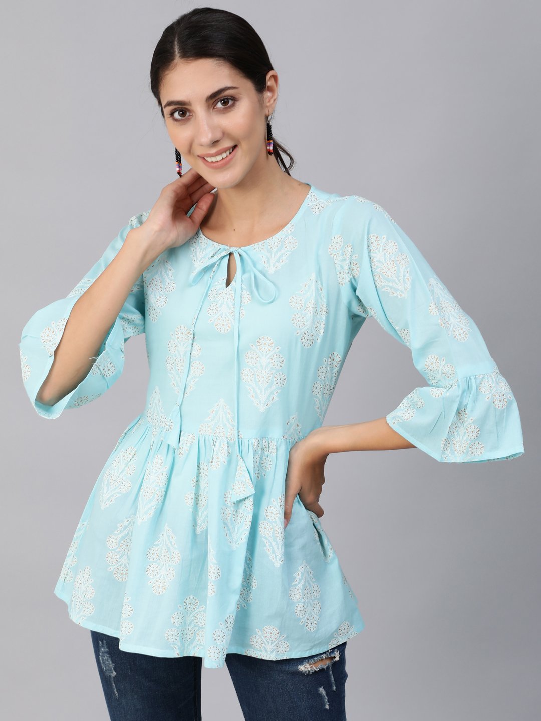 Women Blue & Gold Printed Top With Three Quarter Flared Sleeves | NOZ2TOZ - Made In INDIA.