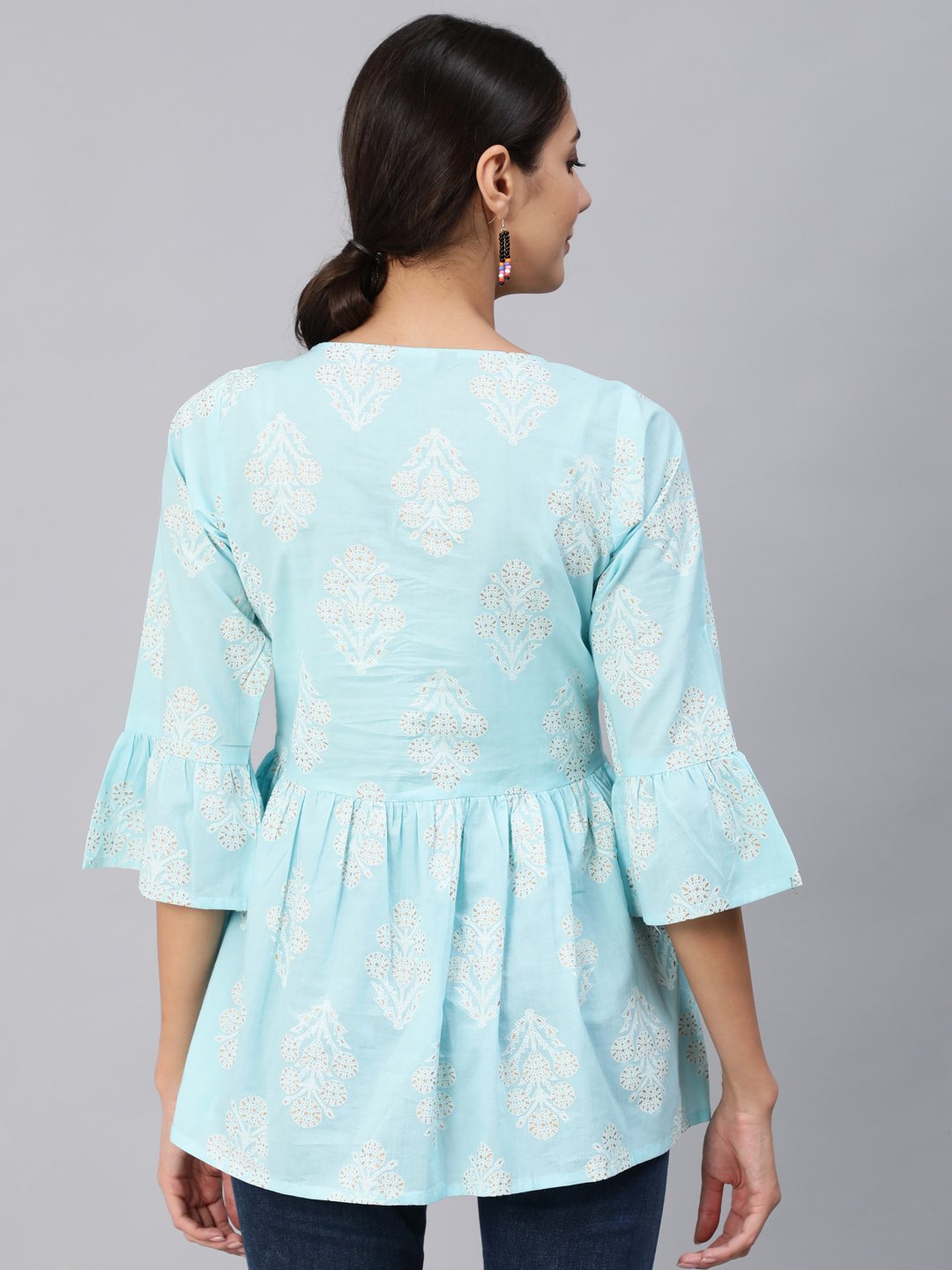 Women Blue & Gold Printed Top With Three Quarter Flared Sleeves | NOZ2TOZ - Made In INDIA.