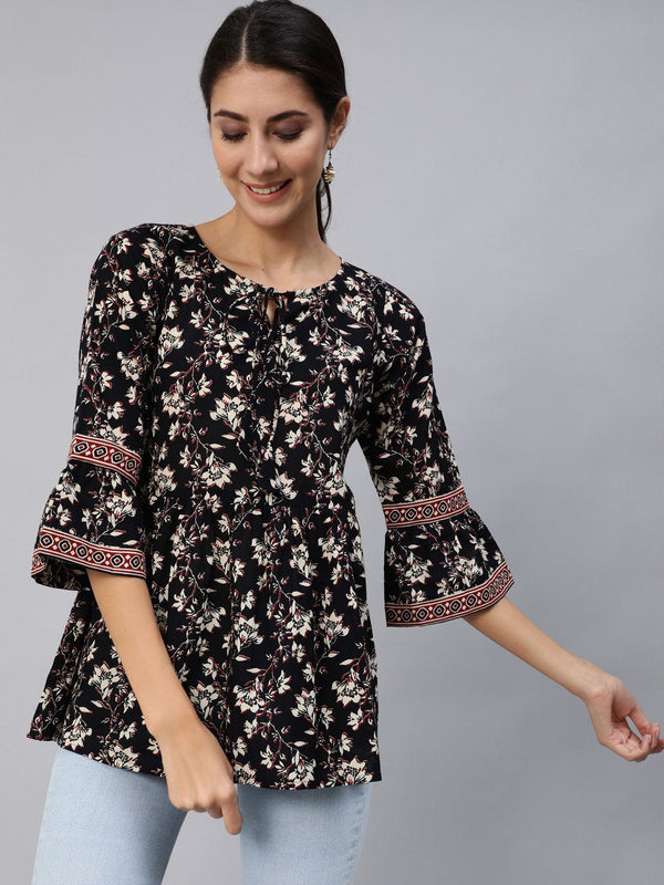 Women Black Floral Printed Top With Three Quarter Flared Sleeves | NOZ2TOZ - Made In INDIA.