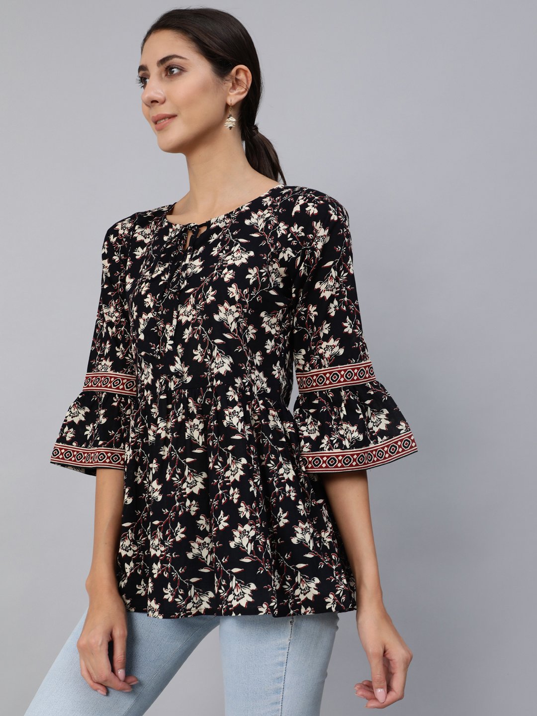 Women Black Floral Printed Top With Three Quarter Flared Sleeves | NOZ2TOZ - Made In INDIA.