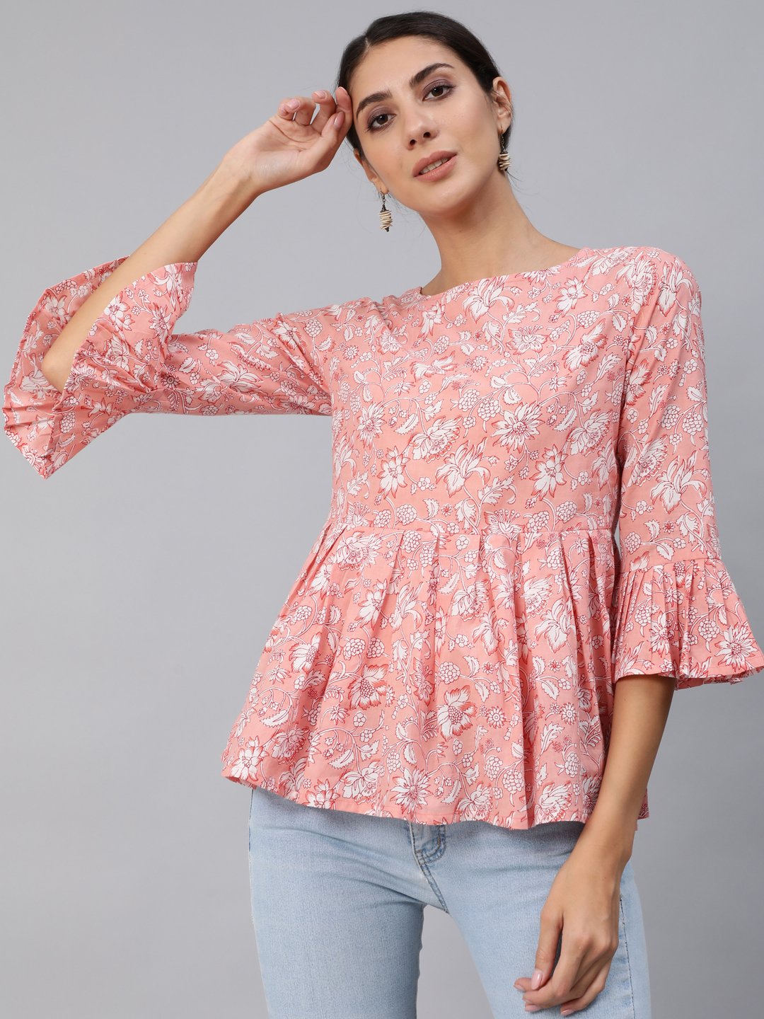 Women Pink Floral Printed Top With Three Quarter Flared Sleeves | NOZ2TOZ - Made In INDIA.