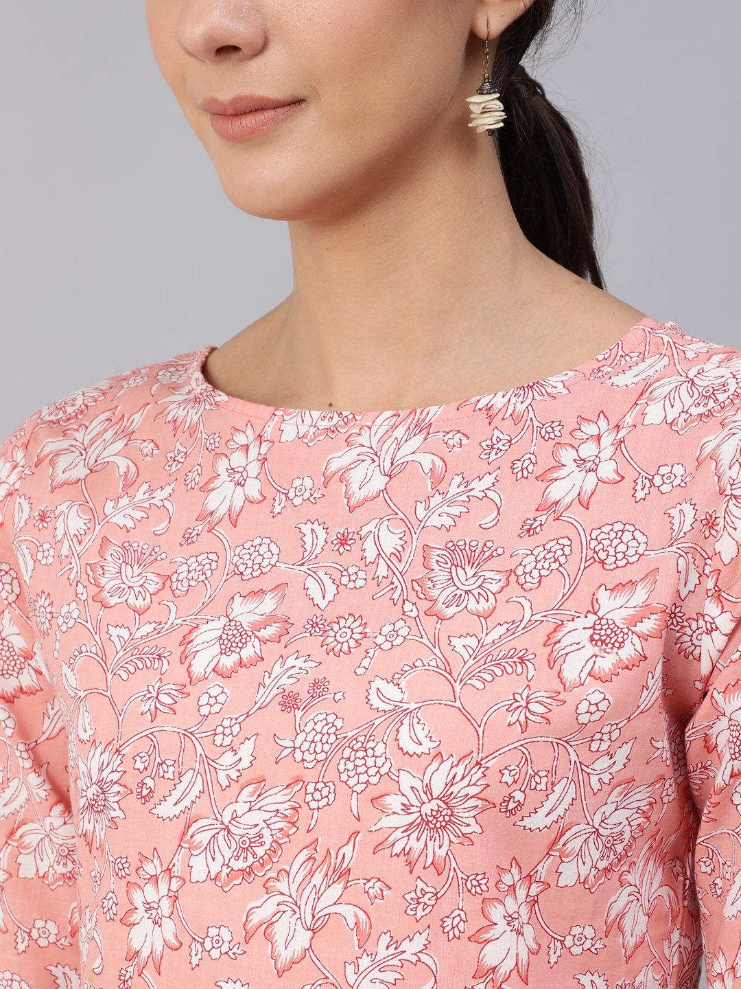 Women Pink Floral Printed Top With Three Quarter Flared Sleeves | NOZ2TOZ - Made In INDIA.