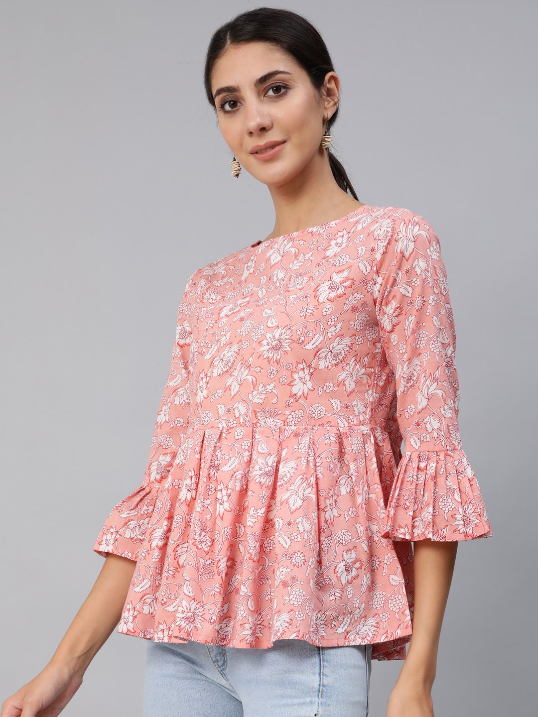 Women Pink Floral Printed Top With Three Quarter Flared Sleeves | NOZ2TOZ - Made In INDIA.