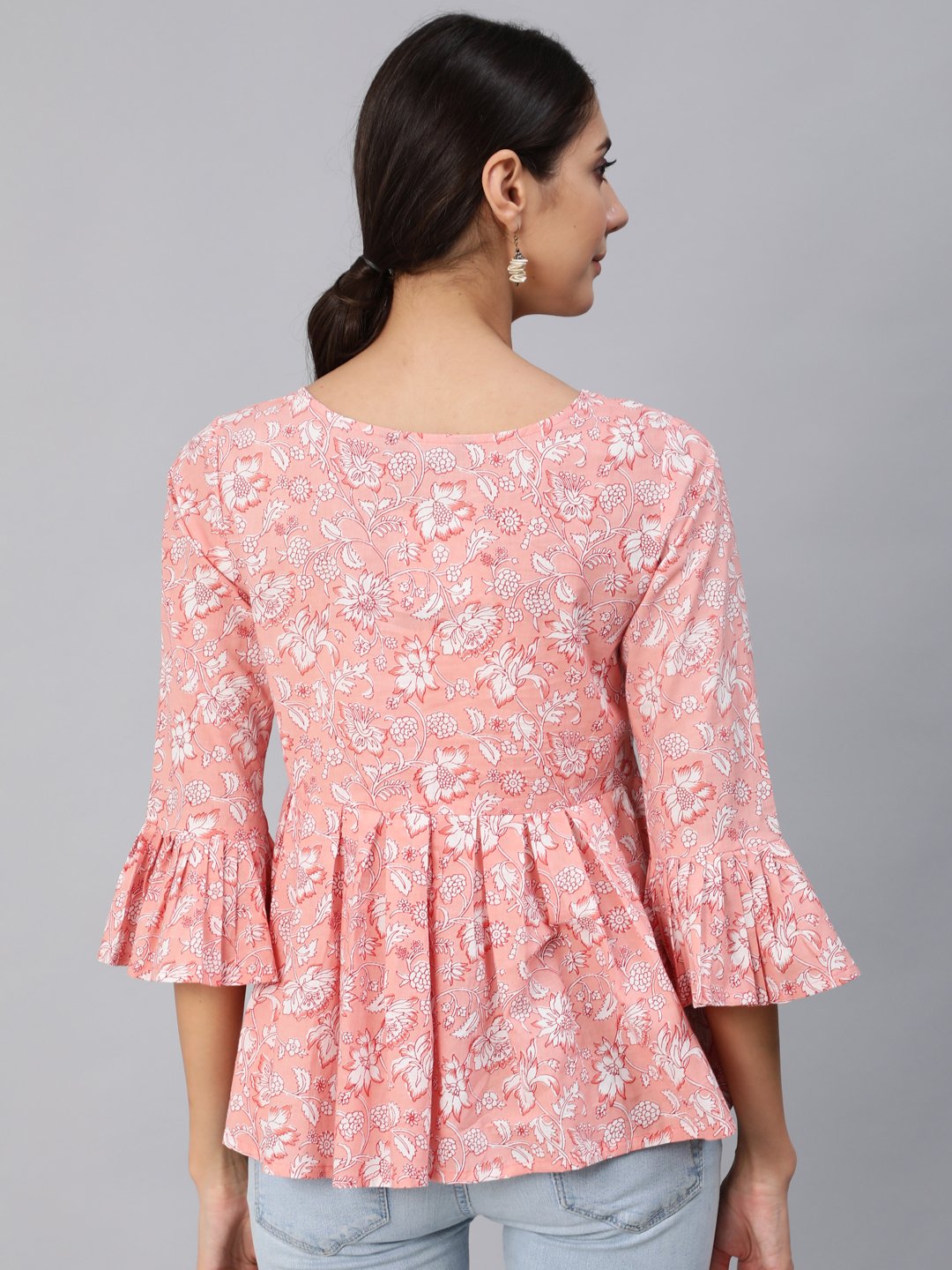 Women Pink Floral Printed Top With Three Quarter Flared Sleeves | NOZ2TOZ - Made In INDIA.