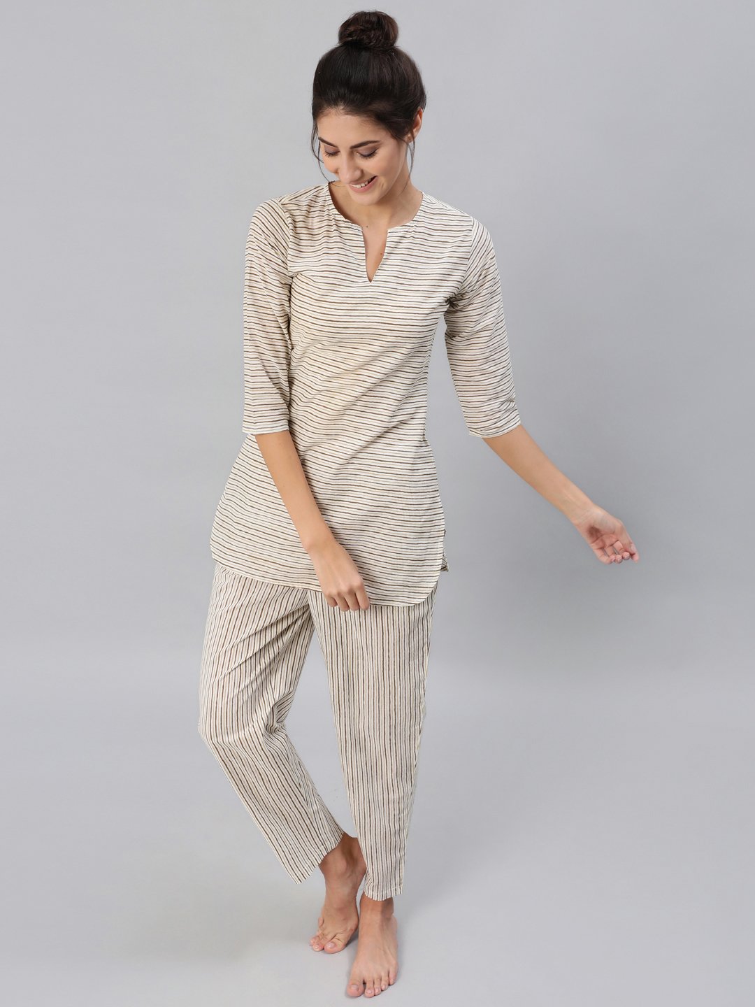 Women Brown & Off-White Striped Printed Night Suit Set | NOZ2TOZ - Made In INDIA.