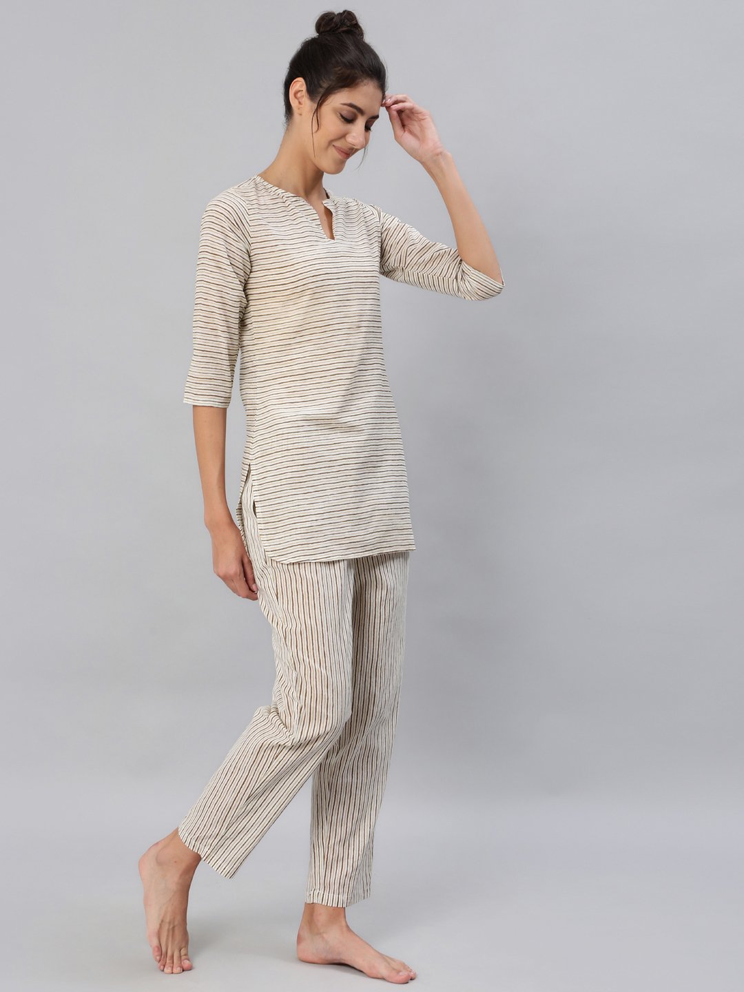 Women Brown & Off-White Striped Printed Night Suit Set | NOZ2TOZ - Made In INDIA.