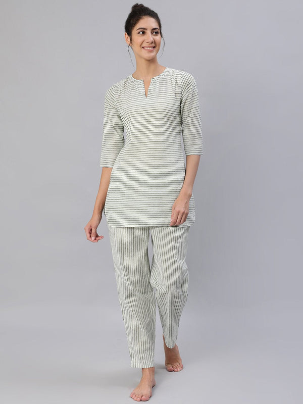 Women Green & Off-White Striped Night Suit Set | NOZ2TOZ - Made In INDIA.