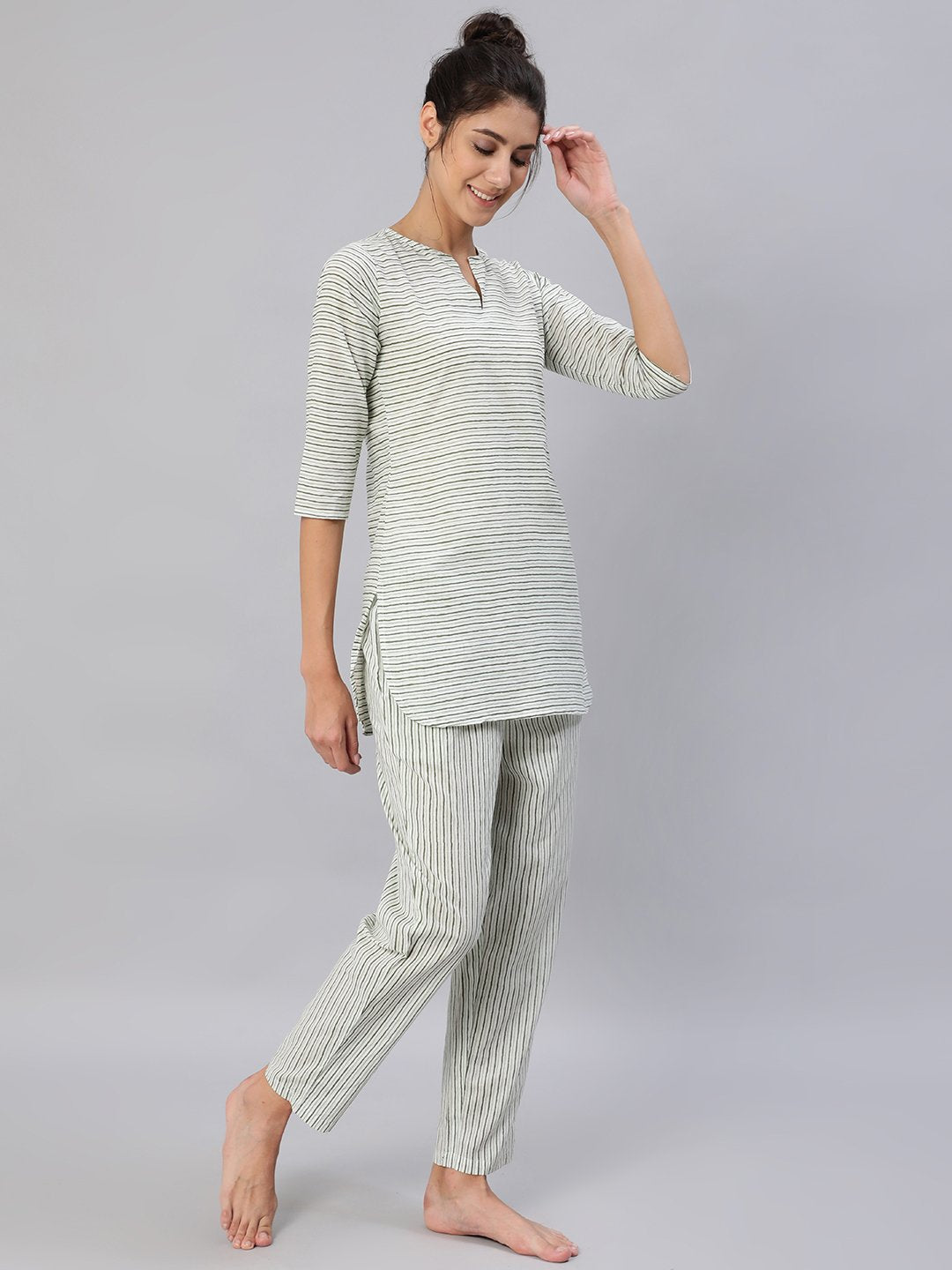 Women Green & Off-White Striped Night Suit Set | NOZ2TOZ - Made In INDIA.