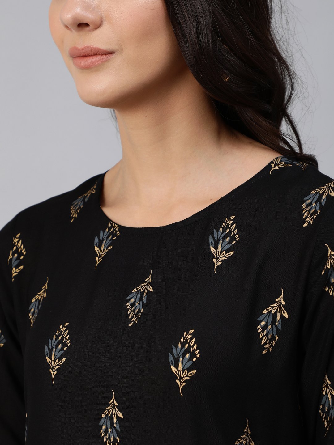 Women Black & Gold Printed Maxi Dress With Three Quarter Sleeves | NOZ2TOZ - Made In INDIA.