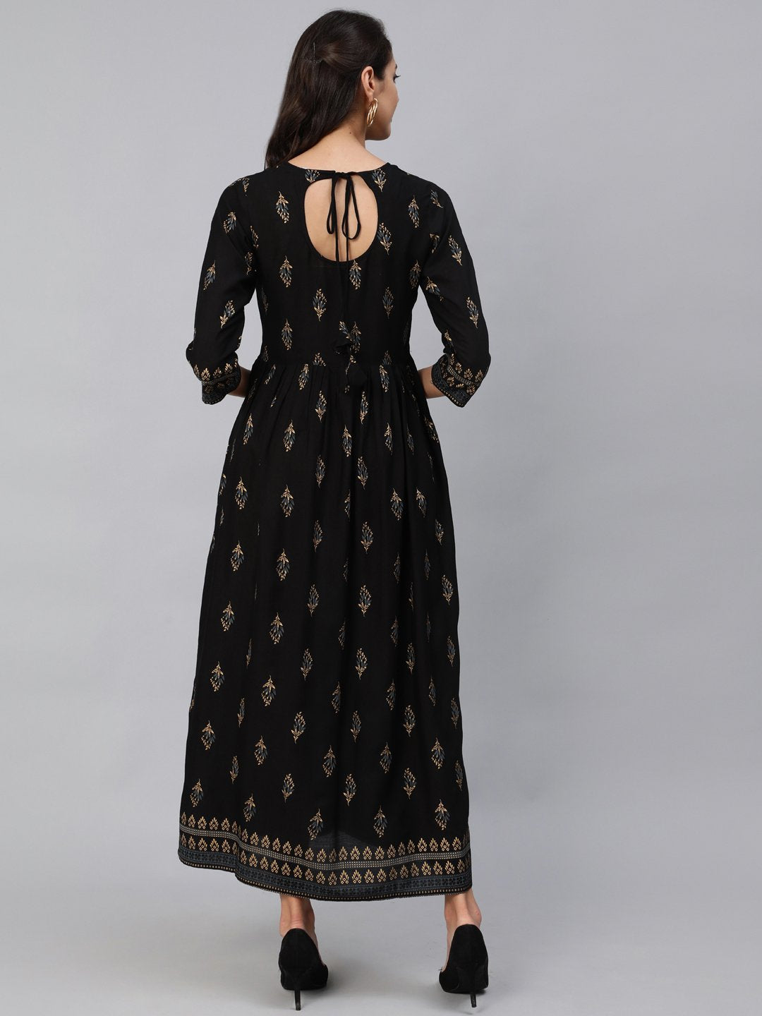 Women Black & Gold Printed Maxi Dress With Three Quarter Sleeves | NOZ2TOZ - Made In INDIA.