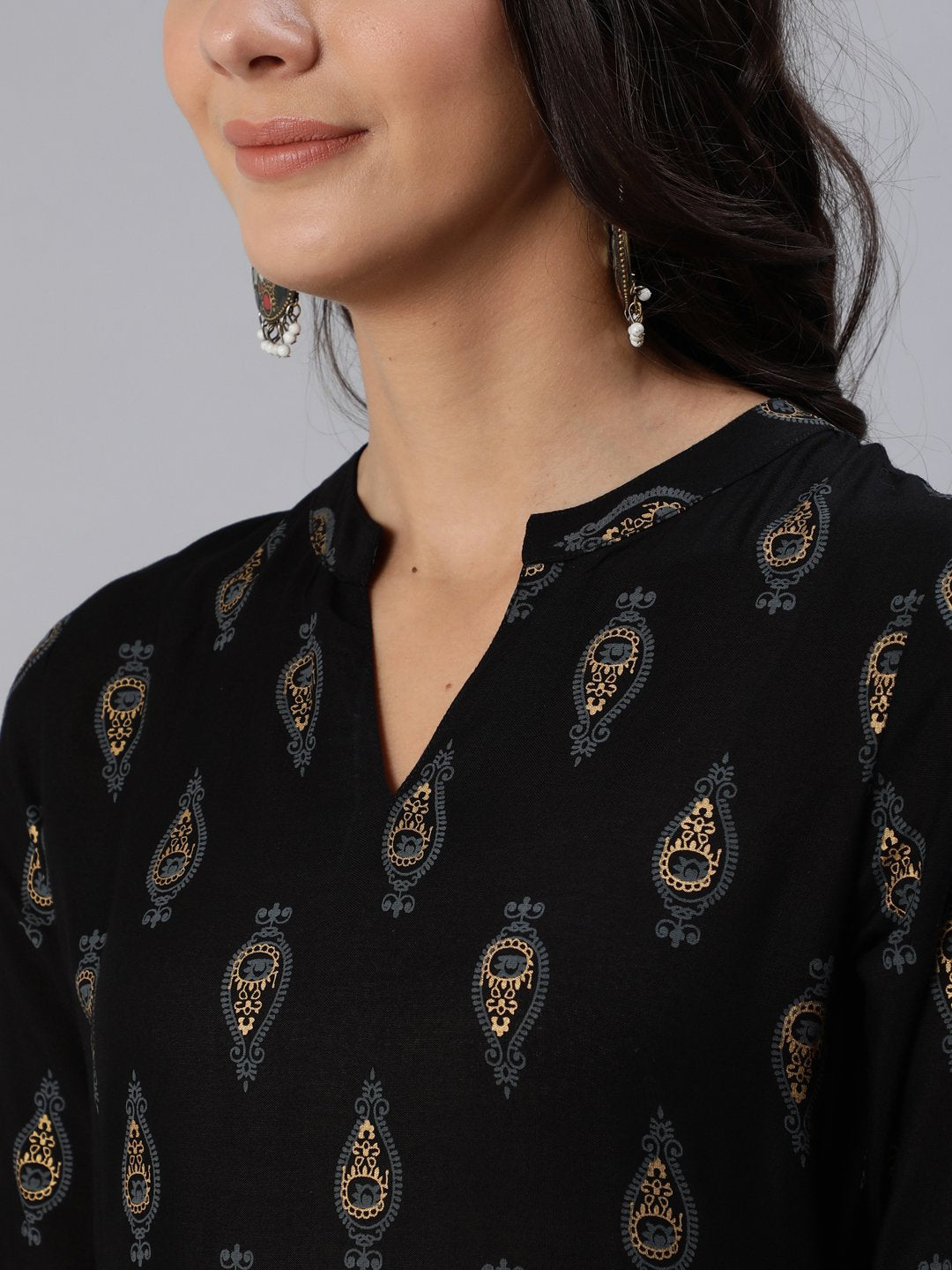 Women Black & Gold Printed Maxi Dress With Three Quarter Sleeves | NOZ2TOZ - Made In INDIA.