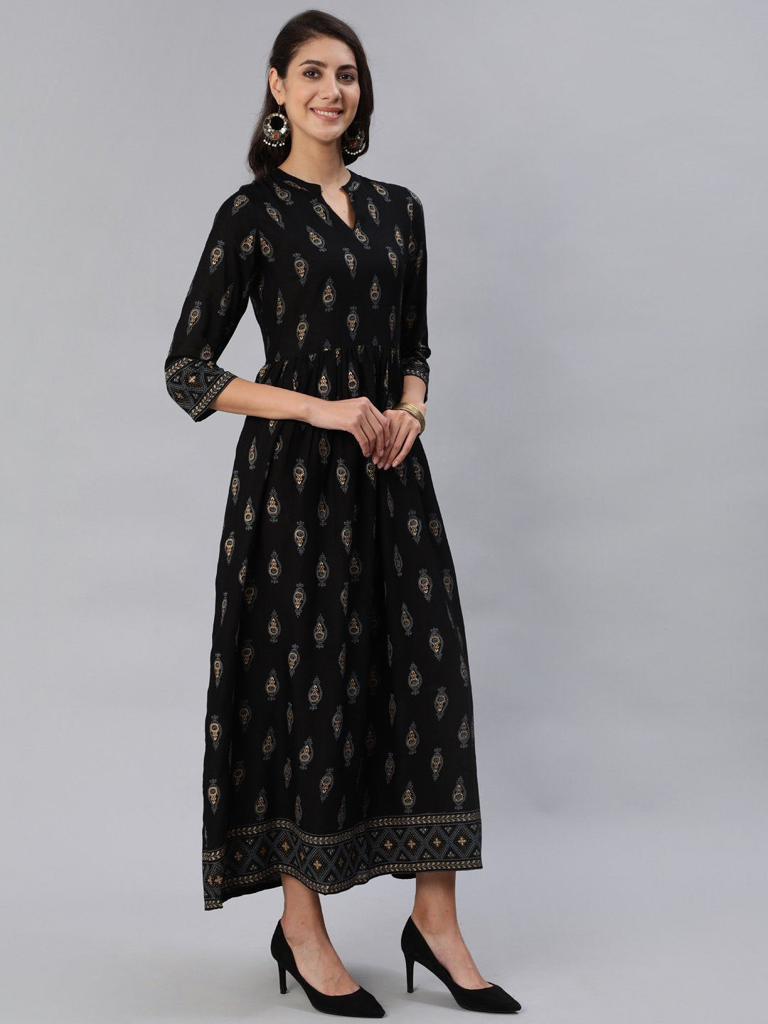 Women Black & Gold Printed Maxi Dress With Three Quarter Sleeves | NOZ2TOZ - Made In INDIA.