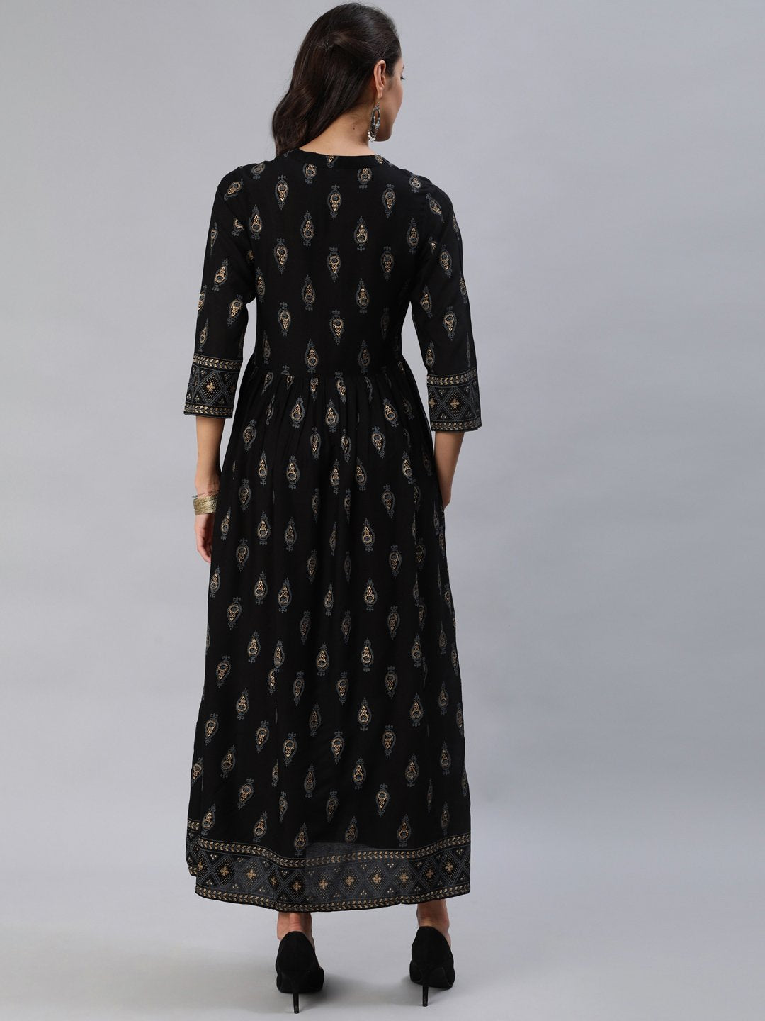 Women Black & Gold Printed Maxi Dress With Three Quarter Sleeves | NOZ2TOZ - Made In INDIA.