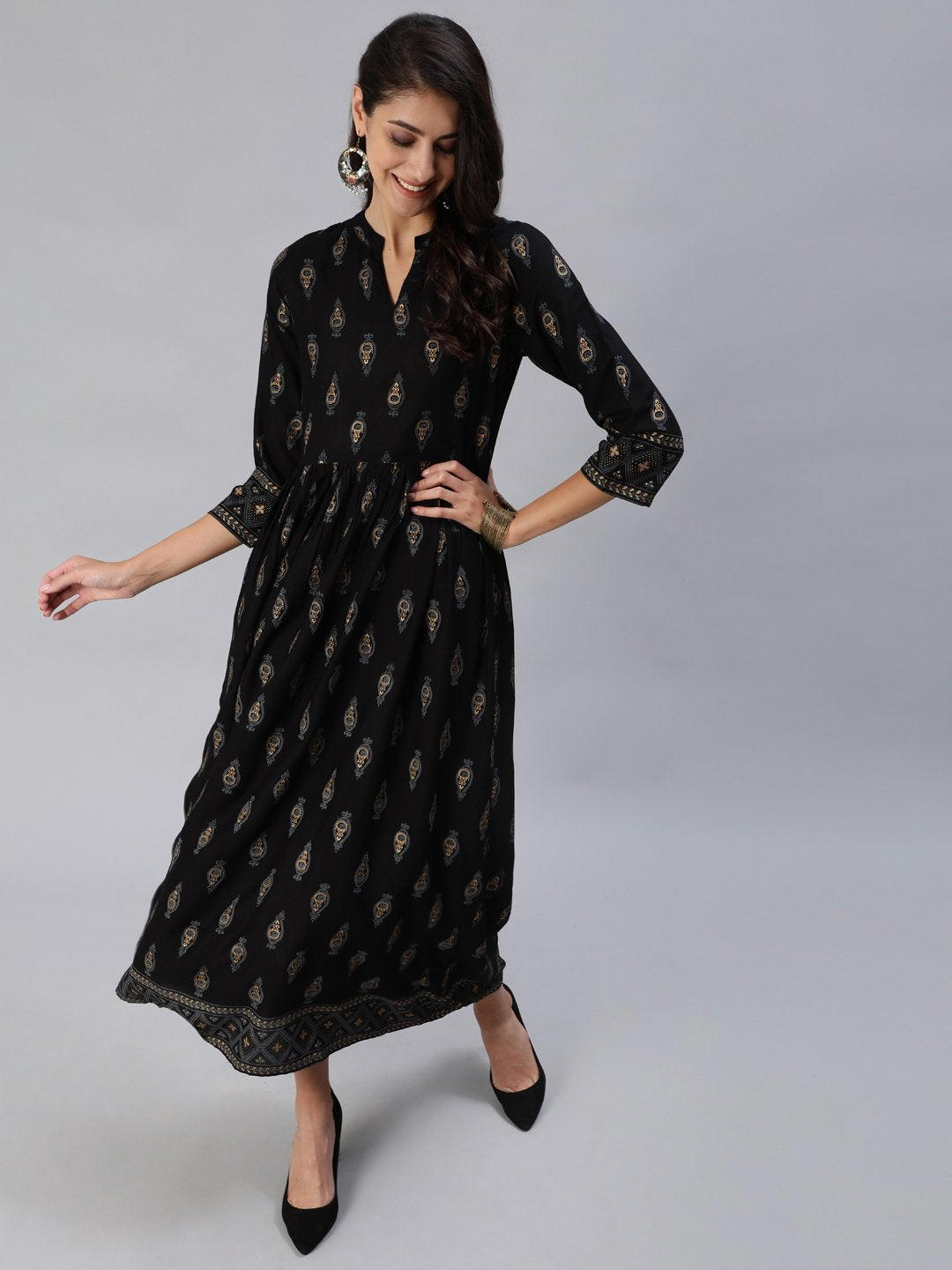 Women Black & Gold Printed Maxi Dress With Three Quarter Sleeves | NOZ2TOZ - Made In INDIA.