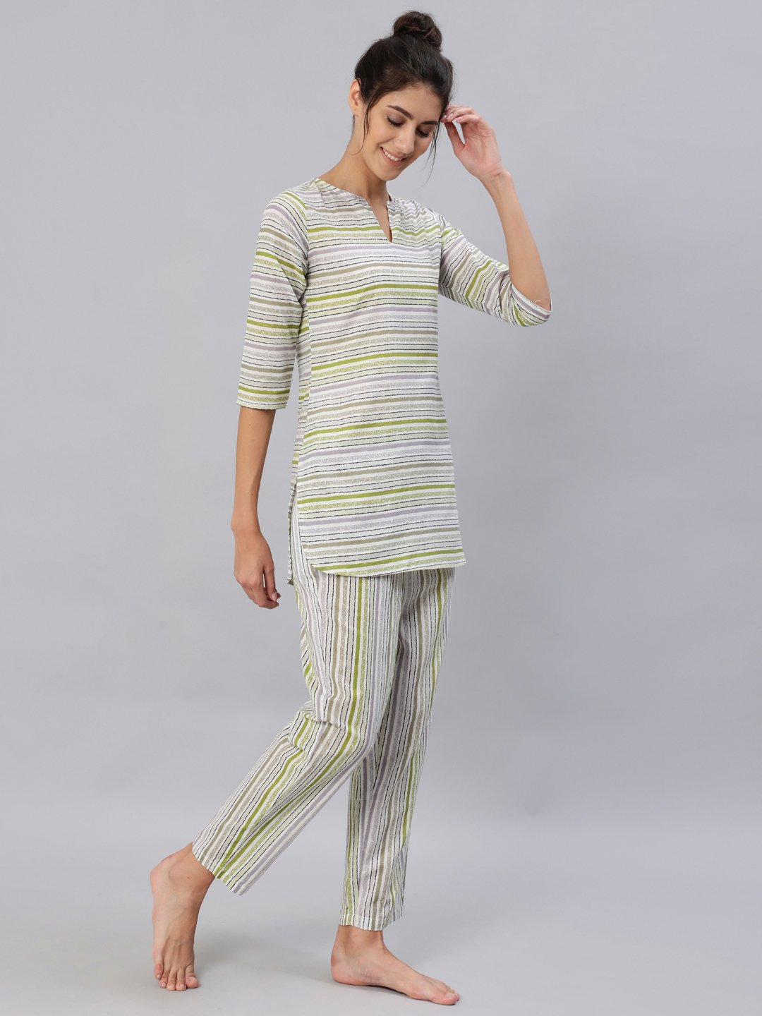 Women Green & Grey Striped Night Suit Set | NOZ2TOZ - Made In INDIA.