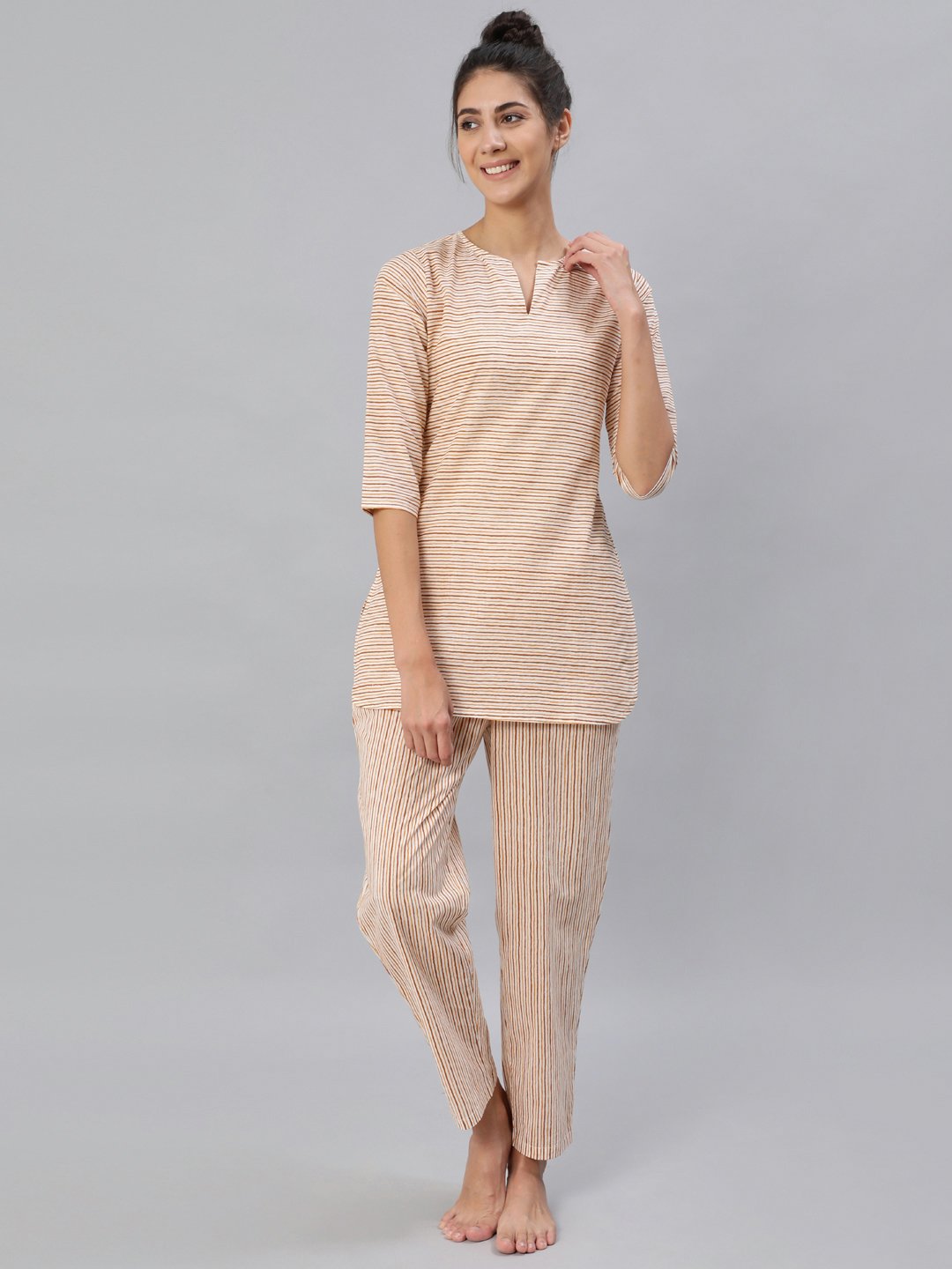 Women Mustard & Off-White Striped Night Suit Set | NOZ2TOZ - Made In INDIA.