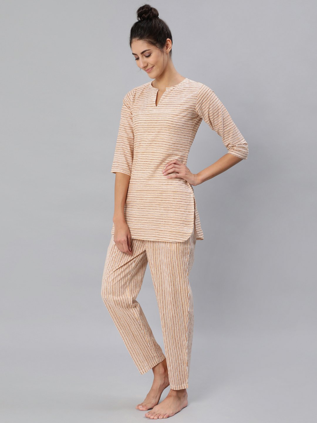 Women Mustard & Off-White Striped Night Suit Set | NOZ2TOZ - Made In INDIA.