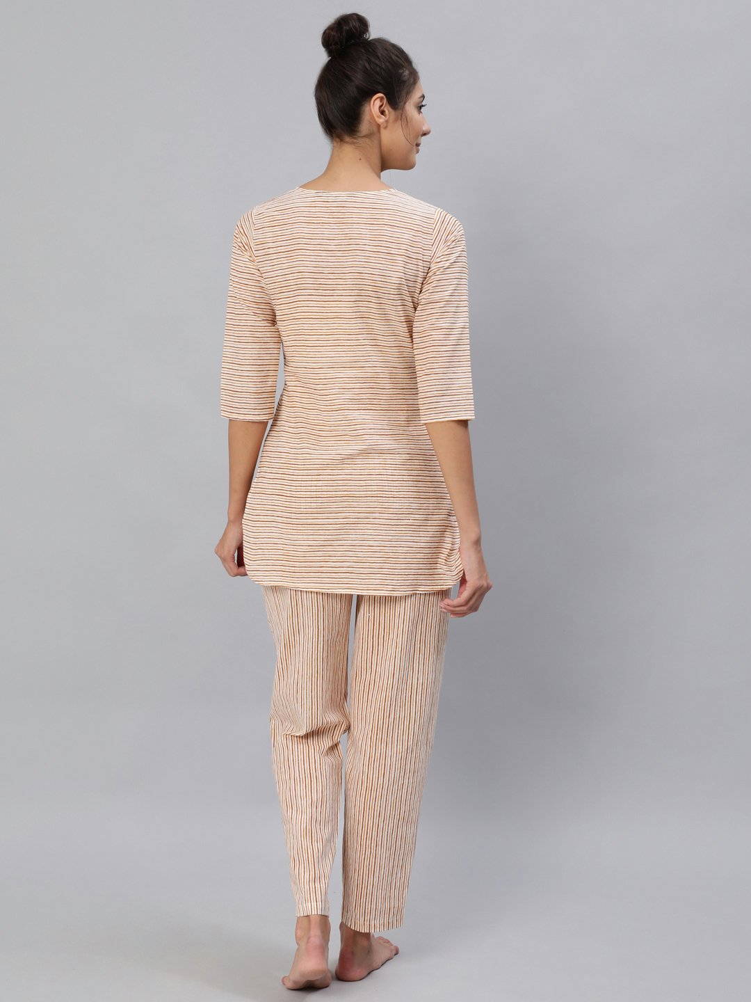 Women Mustard & Off-White Striped Night Suit Set | NOZ2TOZ - Made In INDIA.